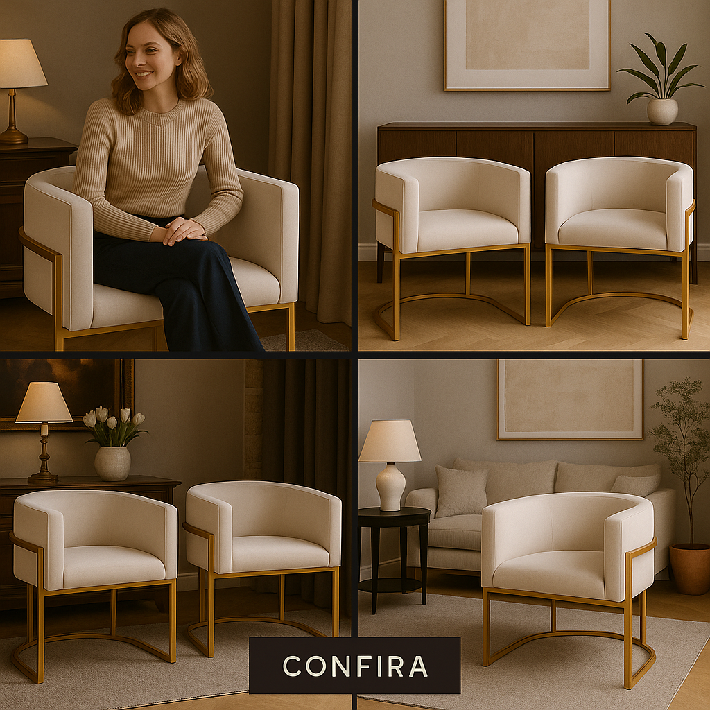 Cadeira Estofada com Base de Metal Dourado Off White Poltron