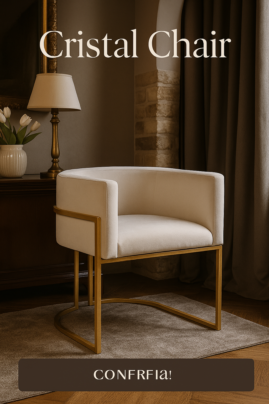 Cadeira Estofada com Base de Metal Dourado Off White Poltron