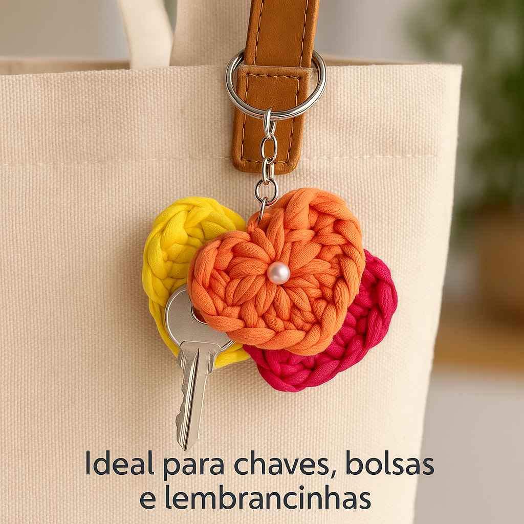 Kit 3 Chaveiros Coração Crochê Artesanal – Lembrancinha