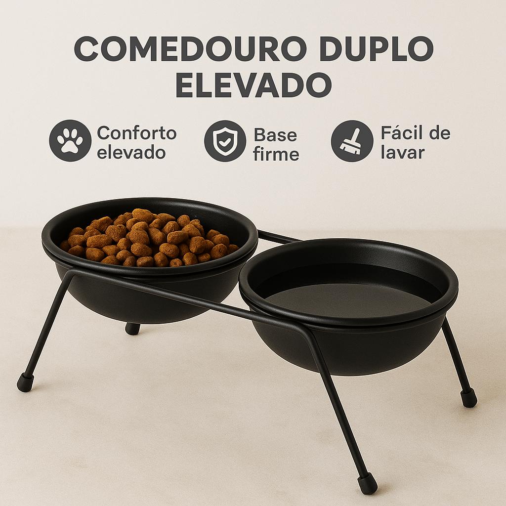 Comedouro Duplo Elevado Premium 25×10 cm – Tigelas 12 cm – Suporte Metálico