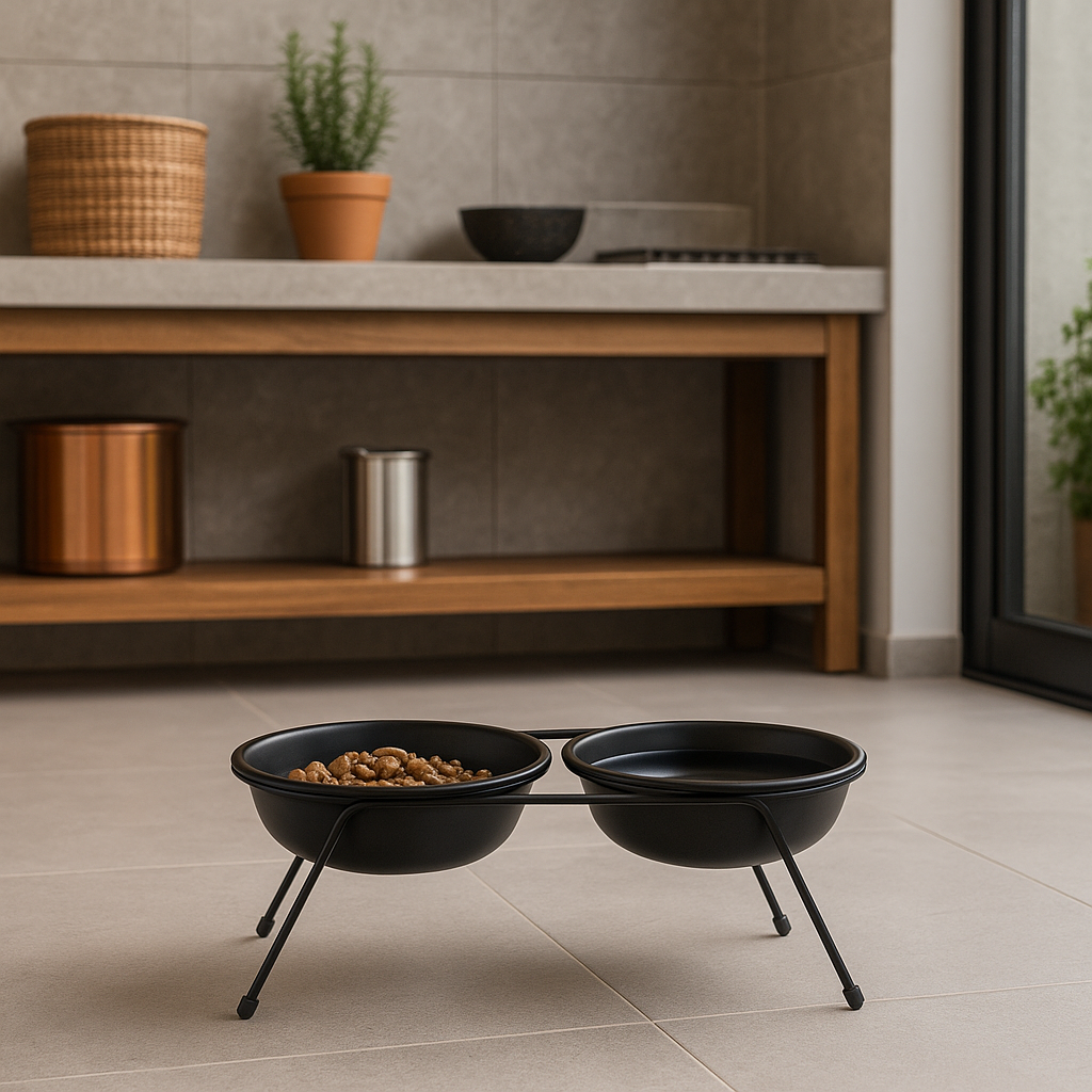 Comedouro Duplo Elevado Premium 25×10 cm – Tigelas 12 cm – Suporte Metálico