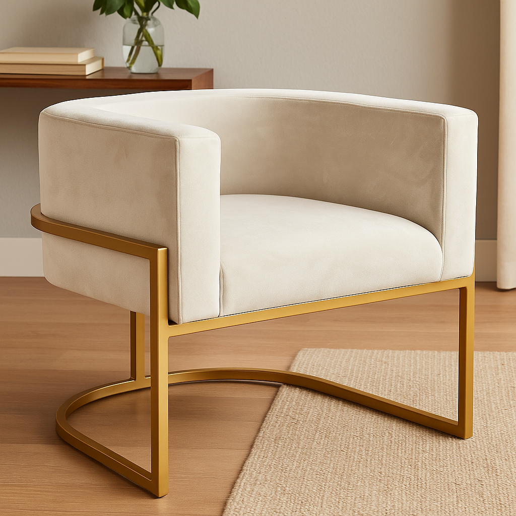Cadeira Estofada com Base de Metal Dourado Off White Poltron