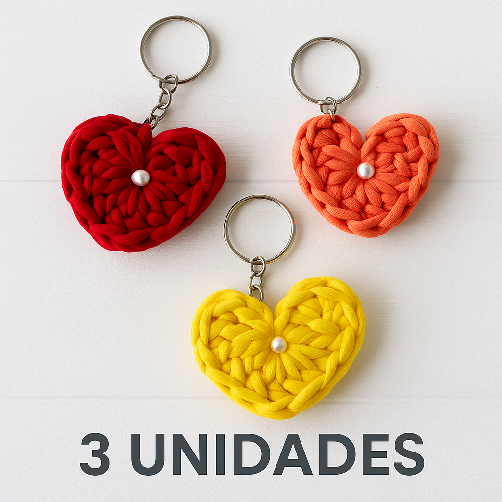 Kit 3 Chaveiros Coração Crochê Artesanal – Lembrancinha
