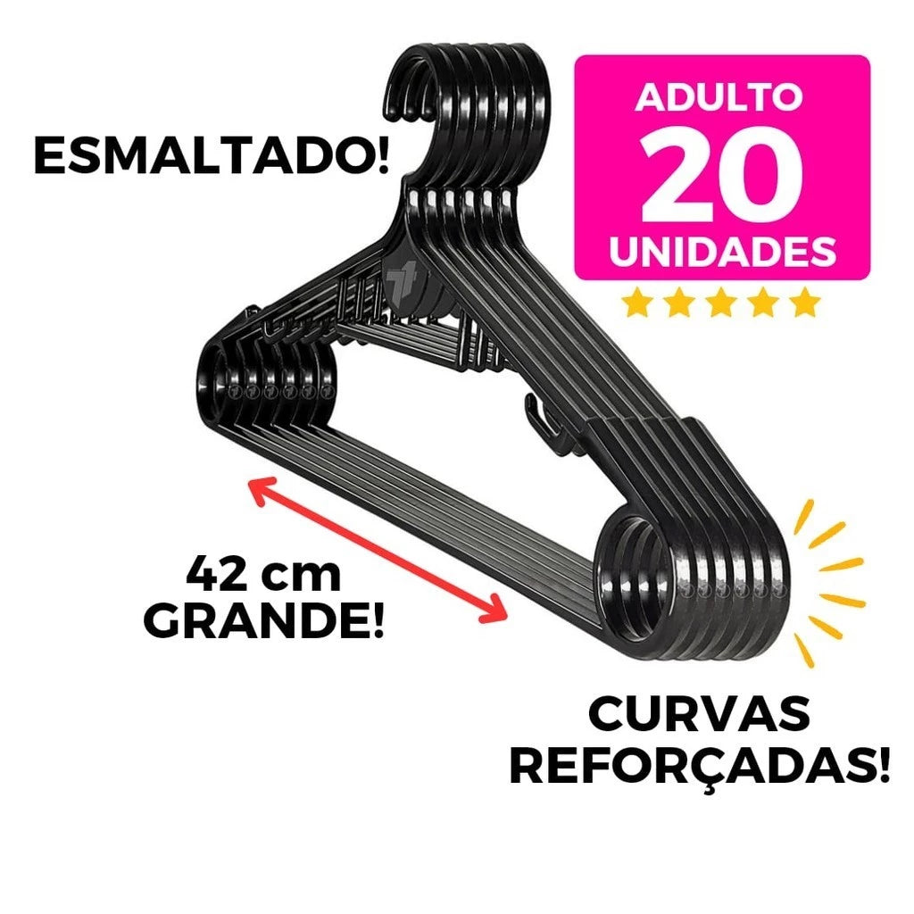 Kit 20 Cabides de Plástico Adulto Curvas Reforçadas Smart Preto Esmaltado